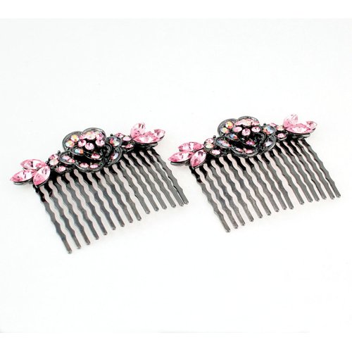 Janefashions 2Pcs Peony Pink Austrian Rhinestone Cystal Hair Combs Barrette Clip Pair B136p