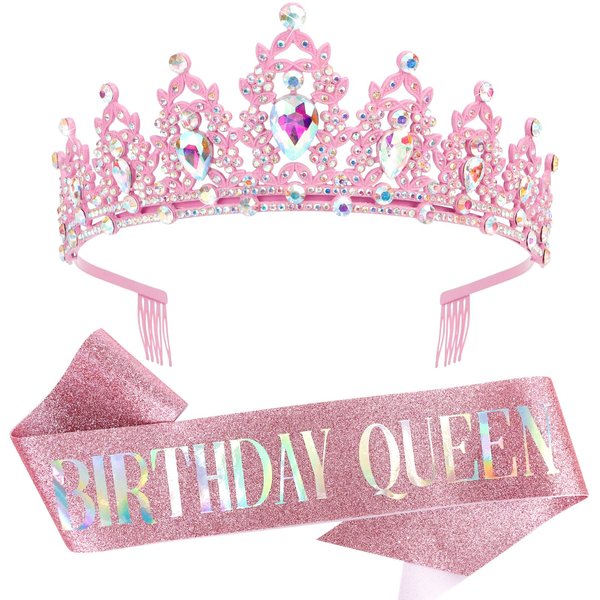 COCIDE BIRTHDAY QUEEN Sash and Tiara for Women Crystal Tiara and Satin Kit for Girl Rhinestones Crown with Comb Glitter Hair Accessories for Prom Party Decoration Cake Topper Accessory Set with Pin