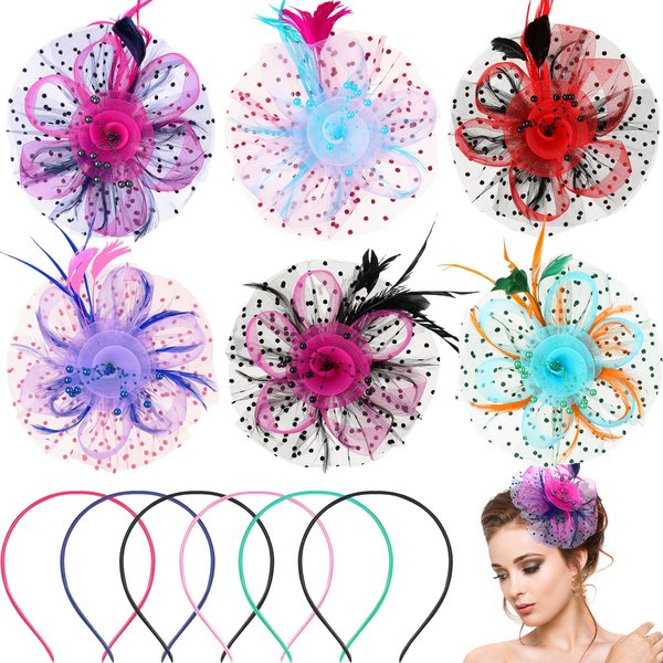 Wavwavw 6 Pcs Fascinators for Women Tea Party Hats Bulk Derby Party Headbands Wedding Mesh Feathers Christmas Hair Clip
