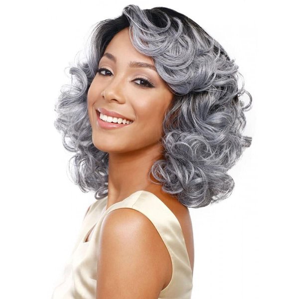 DKE&YMQ Gray Wigs for Women, Bangs, Short Curly Hair, Fluffy Black Gradation Gray Middle-Aged and Elderly Womens Wig (Send Hair Net), Natural Daily Use Hair Suitable for Girls and Women