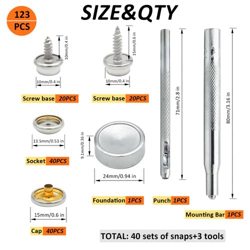 Hoeine Canvas Snap Kit, 40 Sets Marine Grade Boat Cover Snaps Heavy Duty Snap Fastener Kit Stainless Steel Snap Button Kit for Replacement Snaps for Boat Cover Furniture Tent