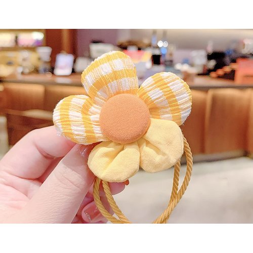2PCS Fabric Flower Ropes Hair Band Ties Ponytail Holders Soft Elastic Bands with Flowers Accessories for Children Girls and Ladies (Yellow)