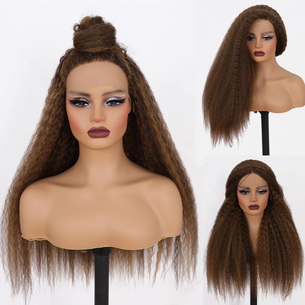 Lovestory Kinky Straight Brown Highlights Lace Front Wigs For Black Women blonde Ombre Pre Plucked Heat Resistant Lace Front Yaki Wig