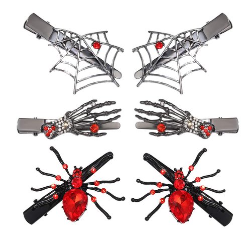 Halloween Skeleton Hand Hairclips for Women Girls Metal Punk Glitter Crystal Spider Alligator Clips Hair Barrettes Horror Gothic zombie Hairpins Halloween Costume Hair Accessories (red rhinestone)