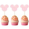 Gyufise 36 Pack Mouse Inspired Cupcake Toppers with Pink Bow Pink Glitter Mini Cupcake Picks Decorations for Baby Shower Wedding Kids Birthday Party Supplies