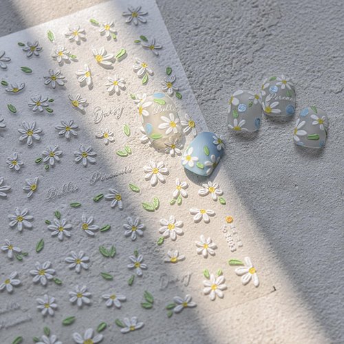5D Embossed Flower Nail Art Stickers, 2 Sheets Self Adhesive White Daisy Nail Decals Spring Nail Art Decorations Supplies Summer Flower Nails Adhesive Sliders for Women Girls DIY Nail Salons