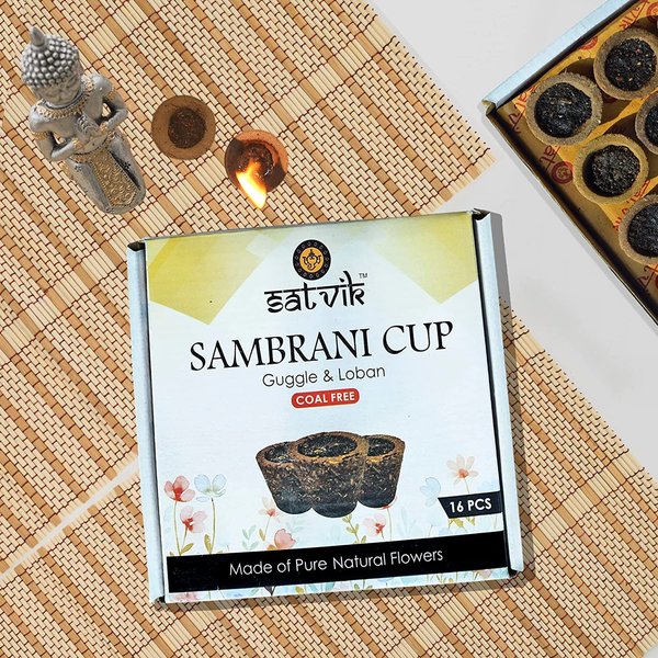 SATVIK Sambrani Cups 32 Pcs Guggle Loban Cup Coal Free Incense Cone for Pooja with Burner Plate