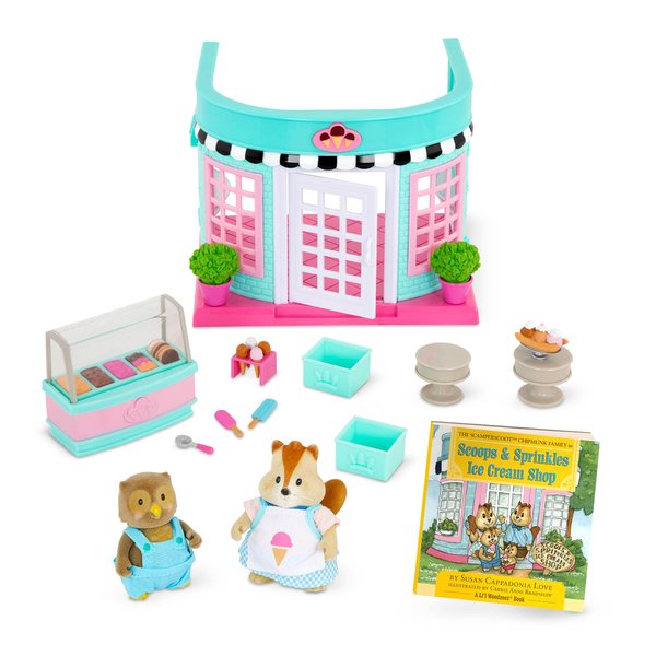 Li’l Woodzeez – Scoops & Sprinkles Ice Cream Shop – 21Pcs Dollhouse Playset – 2 Posable Doll Figures & 1 Storybook Included – Miniature Food & Accessories – Stackable Playset for Kids 3+