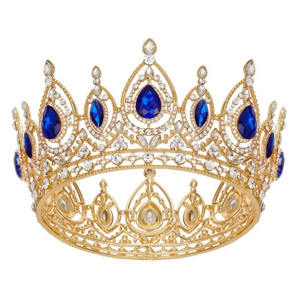 SWEETV Queen Crowns for Women Gold Blue Full Round Tiara Sapphire Crystal Royal Crown for Birthday Pageant Prom Princess Hair Accessories