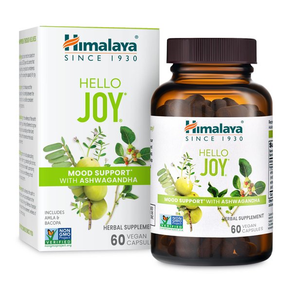 Himalaya Hello Joy Herbal Supplement, with Ashwagandha, Amla, Bacopa, Holy Basil/Tulsi, Positive Outlook, Supports Motivation, Stress Relief, Balanced Cortisol, Non-GMO, Vegan, 60 Capsules