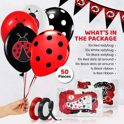 Ladybug 12" Birthday Party Balloons 50 Pcs | Red Black Polka Dots Ladybug Design Premium Latex Balloons | Perfect for Ladybug Birthday Party Decorations and Baby Shower Decorations by Vision E.D.