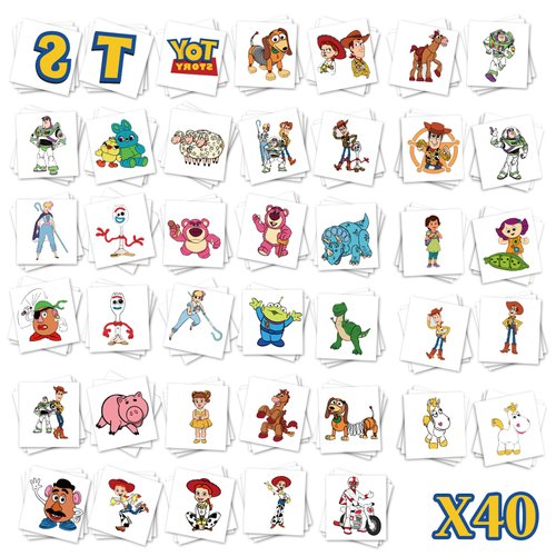 40 Pcs Toy Inspired Story Temporary Tattoos - 2x2 Inch Pre-Cut Designs for Birthday Party Favors, Supplies, Decoration, Kids' Gifts, and School Rewards