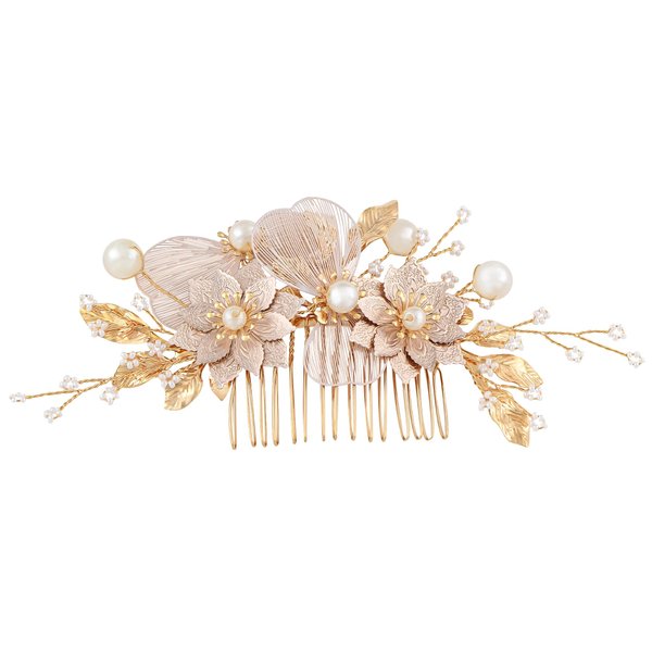 Alilang Bridal Wedding Flower Leaves Pearl Butterfly Headpiece Crystal Rhinestone Hair Accessory Hair Side Comb For Women, Gold