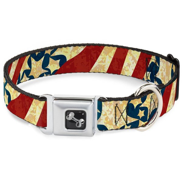 Dog Collar Seatbelt Buckle Americana Diagonal Vintage Stars Stripes2 16 to 23 Inches 1.5 Inch Wide