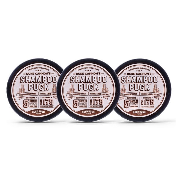Duke Cannon Supply Co. Shampoo Puck for Men Gold Rush Fever Multi-Pack - Eco Friendly, Plastic Free, Solid Shampoo, Super Concentrated, Long-Lasting, TSA Approved Tin, Sulfate-free, 4.5 oz (3 Pack)
