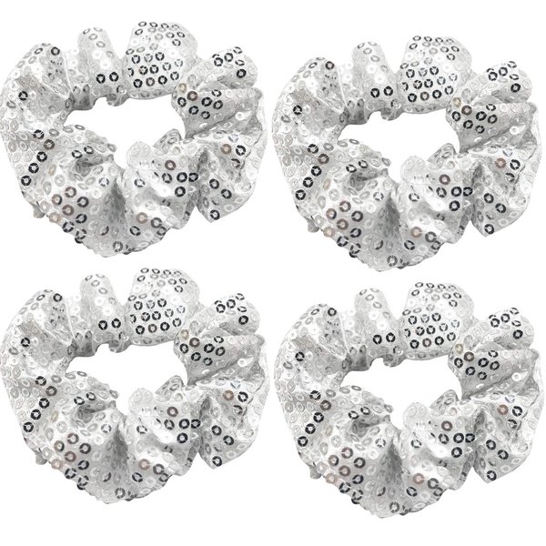 4 Pack Sparkly Sequin Slap Bracelet Sleepover Party Hair Scrunchies Ponytail Holder Elastic Hair Bands Scrunchy Hair Ties Hair Accessories for/Show/School Performance (Silver)