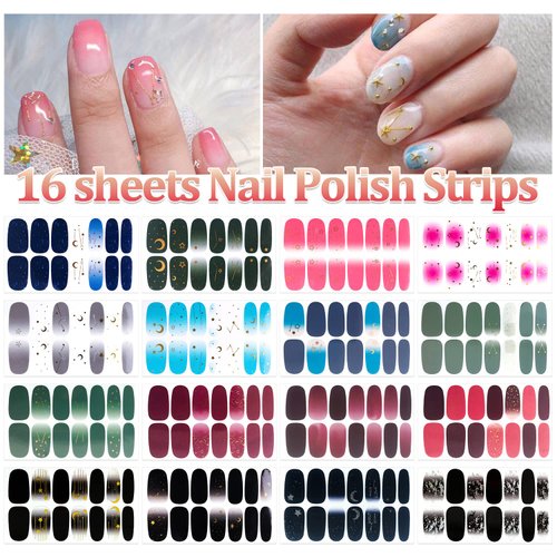 SILPECWEE 16 Sheets Nail Wraps for Women Gradient Star Moon Nail Polish Strips Gel Nail Strips Fingernail Stickers Self Adhesive Nail Polish Stickers for Kids Girl Stick on Nails with 1pc Nail File