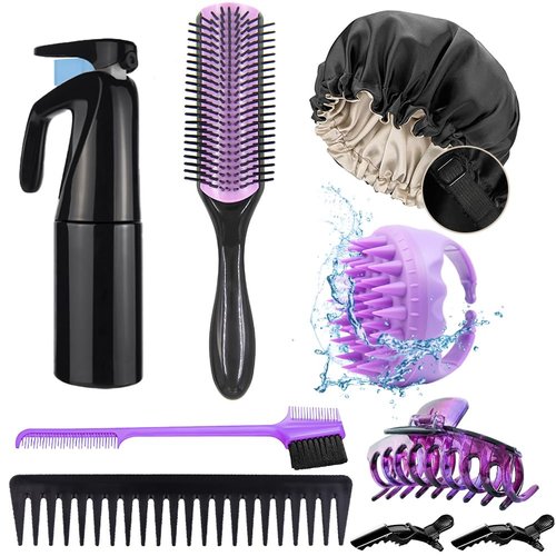 10Pcs Natural Hair Detangling Brush Set with Sleep Bonnet for Curly, Afro, African Black 3a to 4c Hair - Faster Detangling on Wash Days