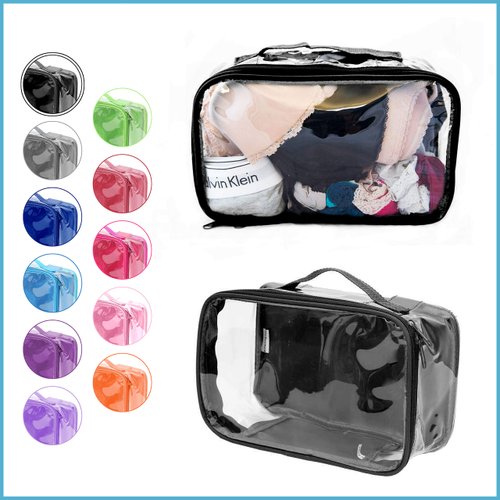 Small Clear Travel Packing Cube/See Through PVC Plastic Pouch for Carry On Suitcase, Backpack or Diaper Bag/Transparent Multipurpose Accessories, Makeup & Underwear Organizer w/Handle (Black)