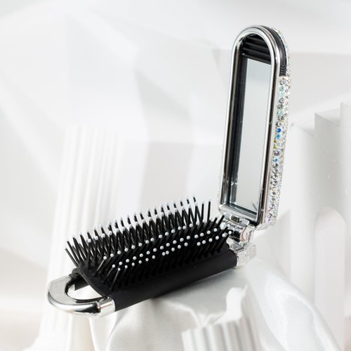 AsAlways Shiny Rhinestone Crystal Travel Hair Brush with Mirror Bling Diamonds Folding Hair Massage Comb Compact Portable Small Mini Hair Brush for Purse Wet & Dry Detangling(Silver)