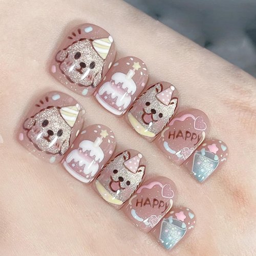 30Pcs Cartoons Puppies Dogs Press on Nails for DIY Manicure Glossy Cat Eye Acrylic Short Square False Nails Gel Glue on Nails Happy Birthday Fake Nails Stick on Nails for Women Girls Cute Dogs Design