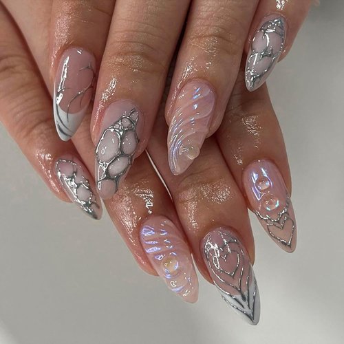 24 Pcs French Tip Press on Nails Medium Almond - Spring Cute Fake Nails Press ons French Nail Art Tip Acrylic Full Cover False Nails with 3D Water Ripple Nail Charms Design Glue on Nails for Women