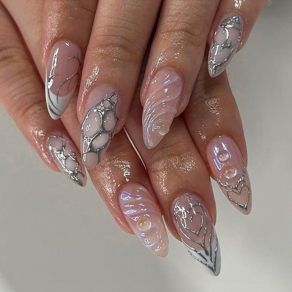 24 Pcs French Tip Press on Nails Medium Almond - Spring Cute Fake Nails Press ons French Nail Art Tip Acrylic Full Cover False Nails with 3D Water Ripple Nail Charms Design Glue on Nails for Women