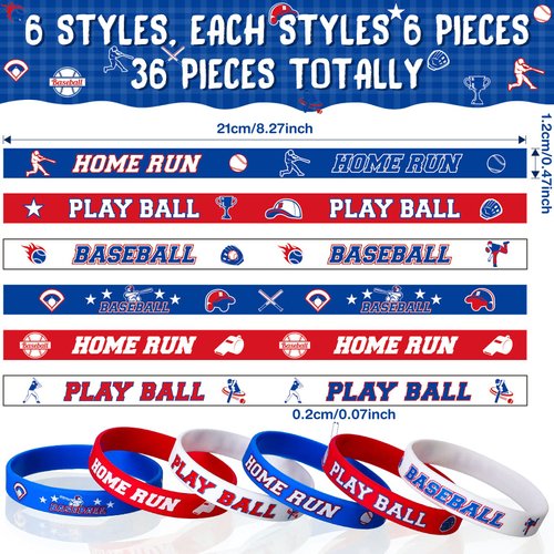 Capoda 36 Pieces Baseball Motivational Silicone Wristband, Baseball Party Decorations for Baseball Party Baseball Bracelets Jewelry Sports Gifts Supplies over 6 Years