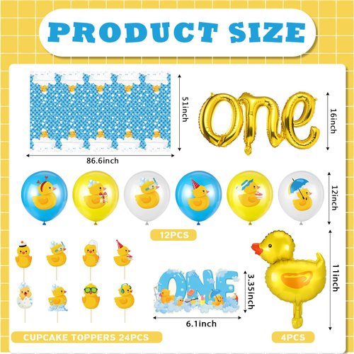 Glimin 44 Pcs Duck 1st Birthday Decorations Yellow Duck Balloon Rubber Duck Latex Balloon Animal Foil Balloon One Birthday Cake Topper Duck Party Tablecloths Duck Party Decor for Boys Girls(Fresh)