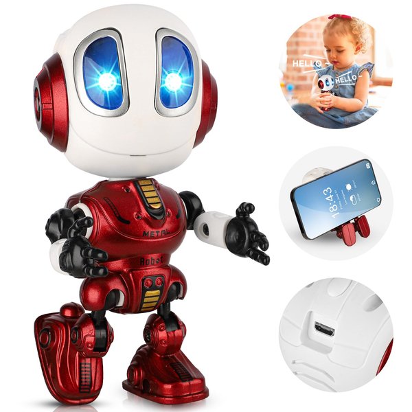 Tmullya Robots for Kids Rechargeable Talking Robot Interactive Toy Repeats Your Voice Travel Toys with Portable Metal Body and Flashing Lights Robot Gift for Boys (red)