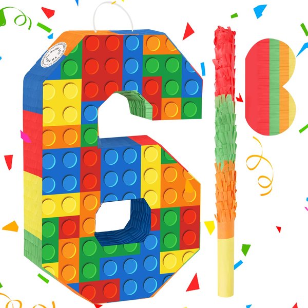 Building Blocks 6th Birthday Party Decorations Number 6 Pinata with Pinata Stick & Blindfold for Kids Girls Boys Happy Birthday Building Block Theme Party Supplies Fiesta Carnival Games