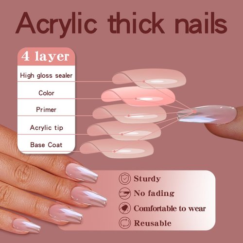 Leuhiove 24 Pcs Press On Nails Medium Chrome Glue On Nails with Nail Glue Reusable Stick On Nails Gel False Fake Nails Kit