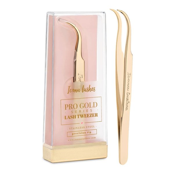 Icona Lashes Hair Removal & Eyelash Tweezer - J-curved Tip for Precise Plucking - Applicator Tool for False Eyelash Clusters & Lash Extensions - 24K Gold Plating, Stainless Steel - Case Included