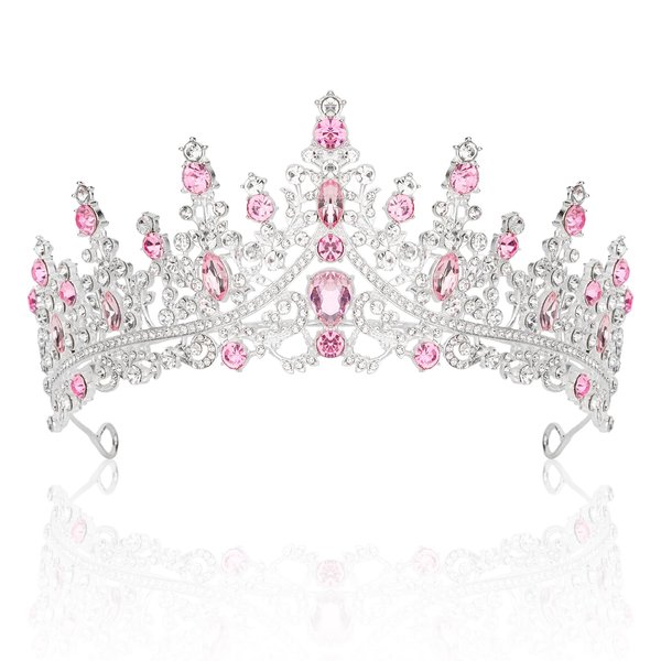 CURASA Silver Crown Pink Tiaras for Women Birthday Crowns for Women Princess Crowns for Little Girls Quinceanera Queen Crown Bridal Headpiece Rapunzel Tiara Wedding Crown for Party Prom Pageant