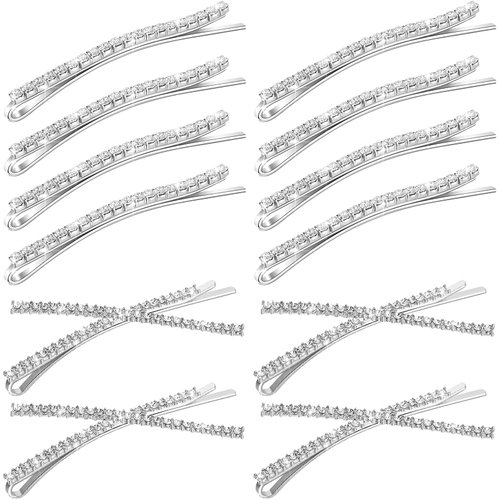 12 Pieces Rhinestone Bobby Pins Decorative Fancy Crystal Hair Clips Shiny Metal X Shaped Barrettes Bling Diamond Wedding Bridal Shower Hair Accessories for Women Ladies Girls (Silver)