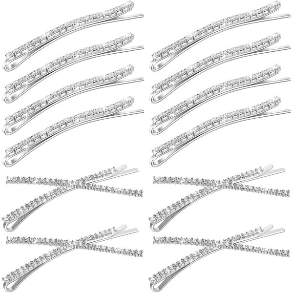 12 Pieces Rhinestone Bobby Pins Decorative Fancy Crystal Hair Clips Shiny Metal X Shaped Barrettes Bling Diamond Wedding Bridal Shower Hair Accessories for Women Ladies Girls (Silver)