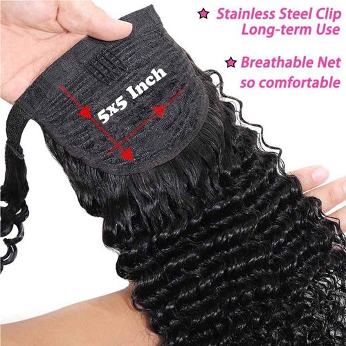 Seelaak Long Curly Magic Paste Wrap Around Ponytail Human Hair Extensions 100% Real Remy Hair Ponytails Human Hair Extensions for Women Natural Black (16 Inch, 125g)