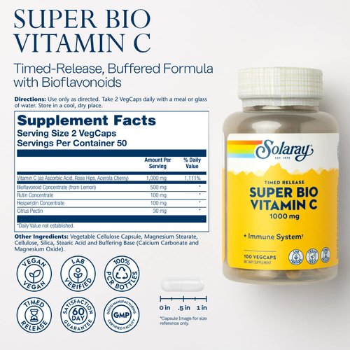 SOLARAY Super Bio C Buffered Vitamin C w/Bioflavonoids, Timed-Release Formula for All-Day Immune Support, Gentle Digestion, 1000mg, 100 CT