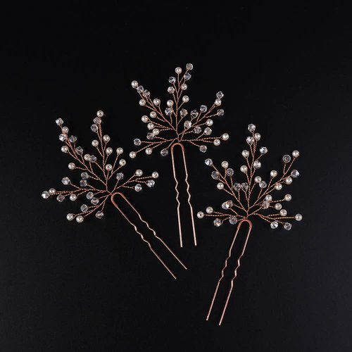 Jumwrit Pearl Bridal Hair Pins Rhinestone Hair Pins for Wedding 3pcs Hair Pins Set Bride Hair Accessories Party Hair Pins for Women Girls Hair Pieces（Rose Gold）