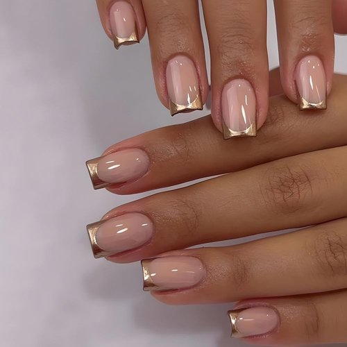 24 Pcs Golden French Tip Fake Nails Short Square Press on Nails with Pink Glossy Design Chrome Acrylic False Nails Reusable Glue on Nails Full Cover Stick on Nails for Women Girls Nail Accessories
