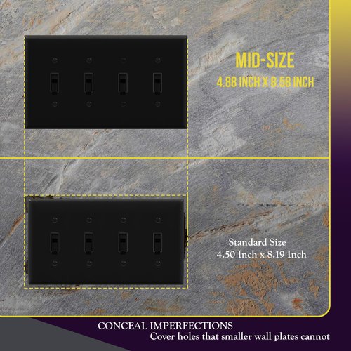 ENERLITES Quad Light Switch Wall Plate, Toggle Switch Plate, Gloss Finish, 4-Gang Mid-Size 4.88" x 8.58", Unbreakable Polycarbonate Thermoplastic, 8814M-BK, Black