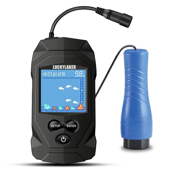 LUCKYLAKER Fish Finder, LCD Monitor, Portable Wired Sonar Transducer, Depth Handheld Ice Fishing Finder, 2.0 inch Display, 328ft Depth Range, 4 AAA Batteries