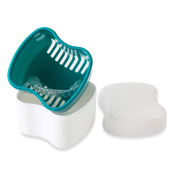 Denture Bath Case with Strainer Basket, Orthodontic Dental Retainer Storage Soak Container Cleaning Soaking Cup, Moth Guard Storage Box Holder for Office|Travel|Household