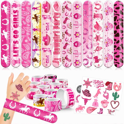 48 PCS Western Cowgirl Party Favors 24PCS Tattoos Stickers 24PCS Slap Bracelets Wristbands Perfect for Themed Birthday Baby Showers or Classroom Rewards Ideal Decor and Gifts for Girls and Boys