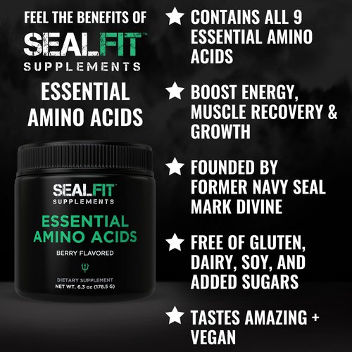 SEALFIT Essential Amino Acids Pre + During + Post Workout Powder. EAA + BCAA Aminos Supplement for Energy, Muscle Growth, and Recovery. EAAs and BCAAs Preworkout for Men & Women. Perfect Berry Flavor