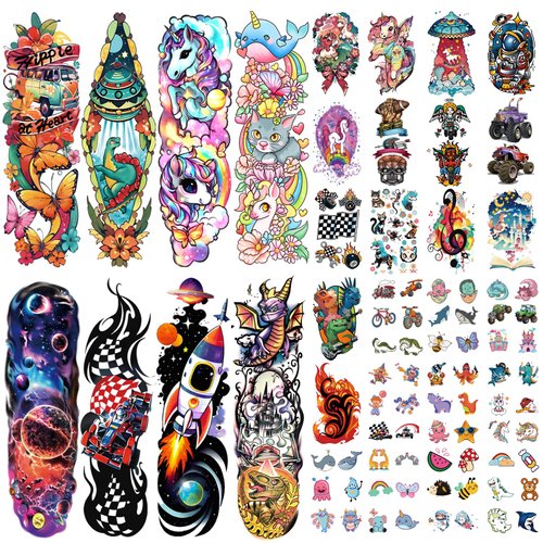 52 PCS Kids Full Arm Temporary Tattoo, Fake Tattoos for Kids, Rocket Car Dinosaur Planet Astronaut Tattoo for Boy, Dolphin Castle Cat Body Arm Tattoos Stickers for Girl, Party Supplies Gifts for Kids