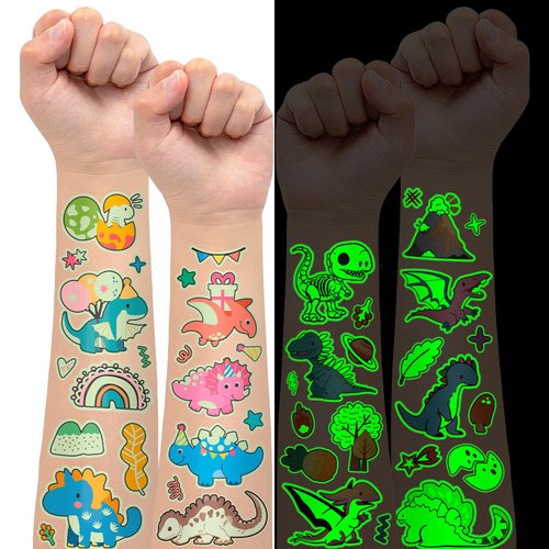 EMOME 140+ Styles Luminous Kids Tattoos, Temporary Tattoo Stickers Waterproof for Boys and Girls, Children Glow Party Favors Supplies Games (Dinosaur)