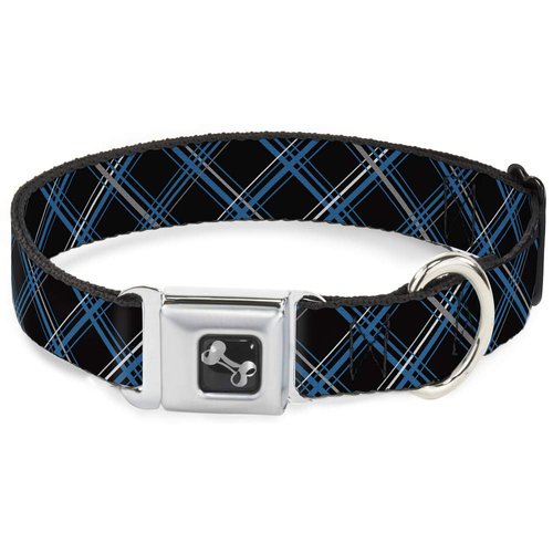 Buckle-Down Seatbelt Buckle Dog Collar - Plaid Black/Turquoise/Gray - 1.5" Wide - Fits 13-18" Neck - Small