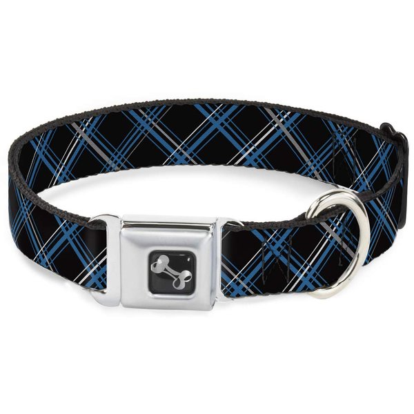 Buckle-Down Seatbelt Buckle Dog Collar - Plaid Black/Turquoise/Gray - 1.5" Wide - Fits 13-18" Neck - Small