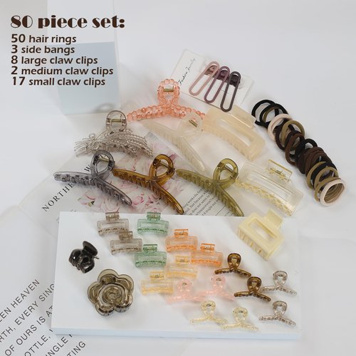 80PCS Hair Accessories For Thick Medium Thin Curly Hair,Elastic Hair Ties,Hair Clips Claw,Mini Square Claw Clips，No Damage For Your Hair